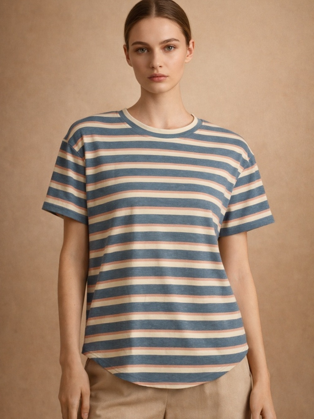 Polagram Striped Short Sleeve Tee in Blue and Cream with Pink Accent Size Small